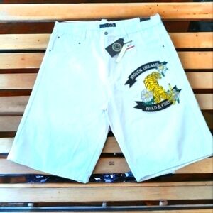 Maxi Milian white denim Skater Boy baggy long tiger embroidered shorts NWT sz 46
